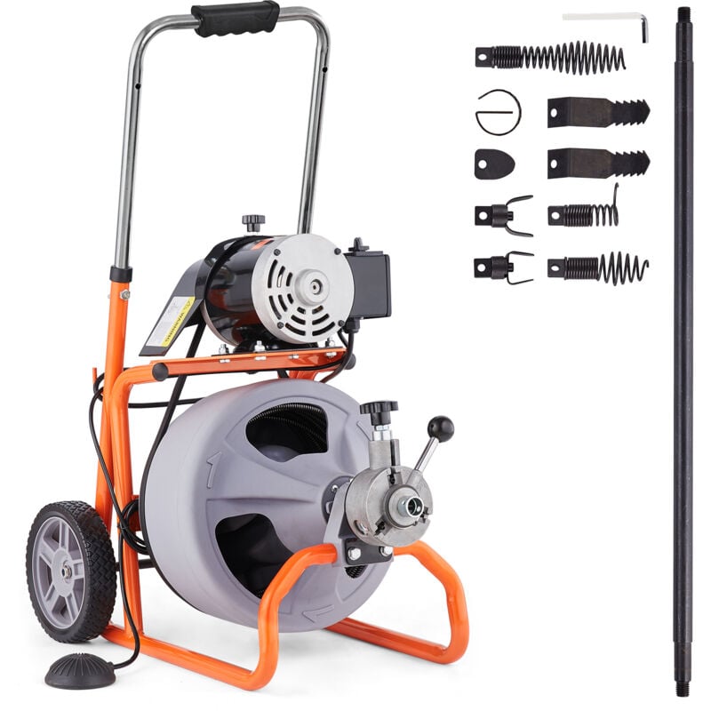 Machine de nettoyage de drain Vevor 75FT x 3/8 pouces, tariere de drainage a alimentation automatique sur roues, machine de nettoyage de drain