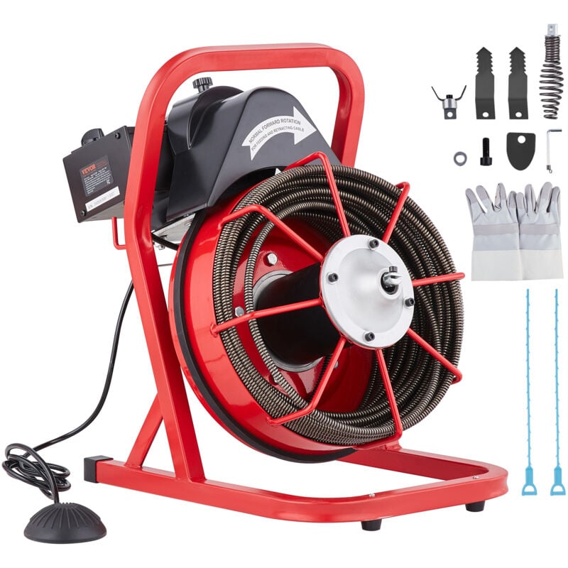 Machine de nettoyage de drain Vevor 75FT x 3/8 pouces, tariere deegout a alimentation manuelle, machine de nettoyage de drain electrique 250W avec 4