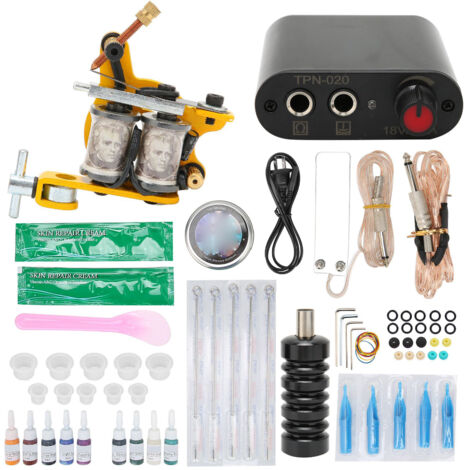 Machine Tatouage Débutant Kit Complet avec Alimentation Électrique Mini Noir et Bobine Jaune 90‑265V Prise US