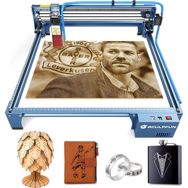 SCULPFUN S10 Graveur laser, 10 W Machine de Gravure Laser avec Rail Coulissant Linéaire Industriel à axe X et kit d'assist Air, Découpe Laser pour