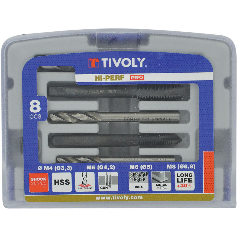 Tivoly • Caja de 4 machos de máquina GUN DIN 352 HSS M4 a M10 + 4 brocas para metal HSS