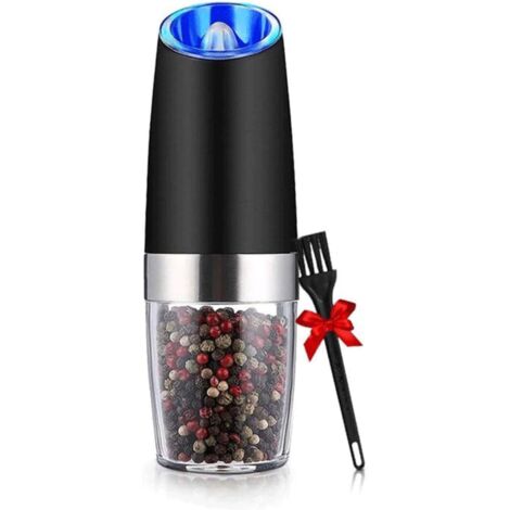 Macina sale e pepe elettrico in acciaio inox a caduta, con macinatura regolabile, funzionamento a batteria, luce LED, azionamento automatico con una sola mano (nero)