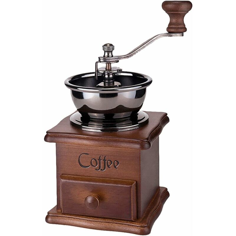 Image of Macinacaffè manuale in legno marrone retrò con manovella portatile, macinacaffè dal design antico, macinacaffè espresso per chicchi di caffè, chicchi