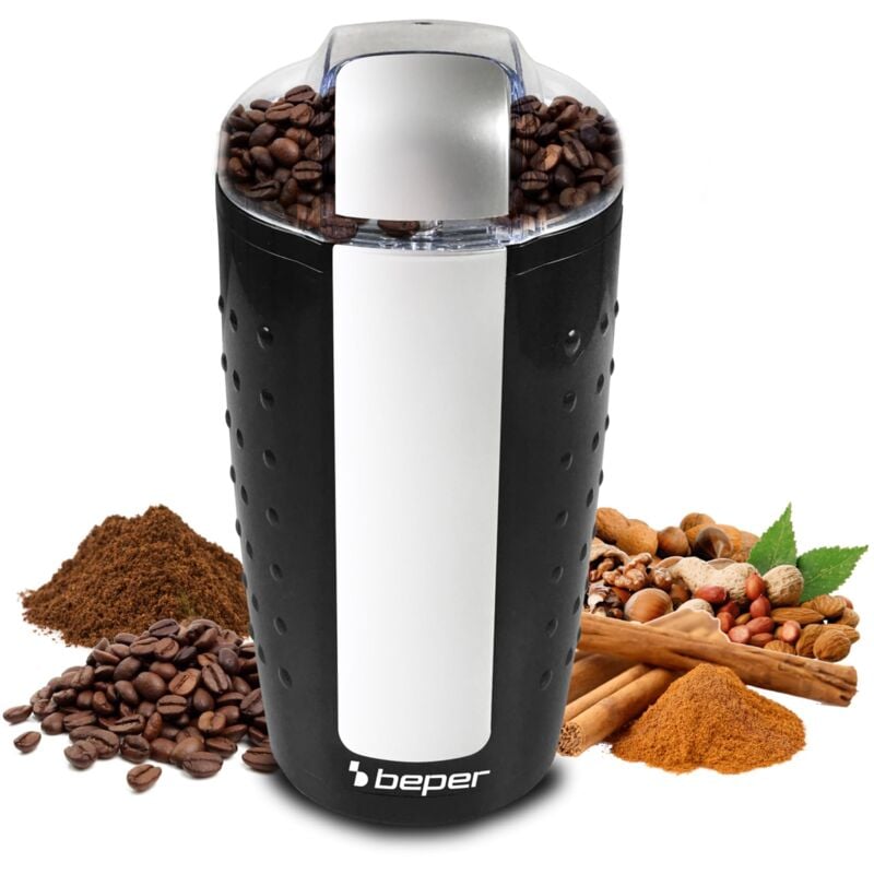 Beper BP.581 Caffe' Elettrico e Macina Spezie-Macinacaffè per Macinatura Istantanea di Chicchi di caffè, Frutta e Semi, 250 w, Plastica, Nero, Argento