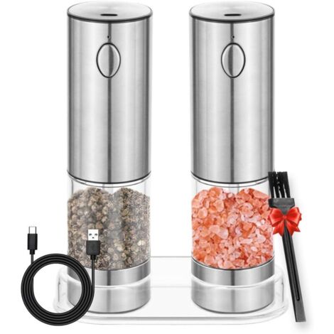 Macinasale e macinapepe elettrici, set da 2, meccanismo di macinazione in ceramica a regolazione continua in acciaio inox, ricaricabile tramite USB, con sottopentola, spazzola e finestra di visualizza
