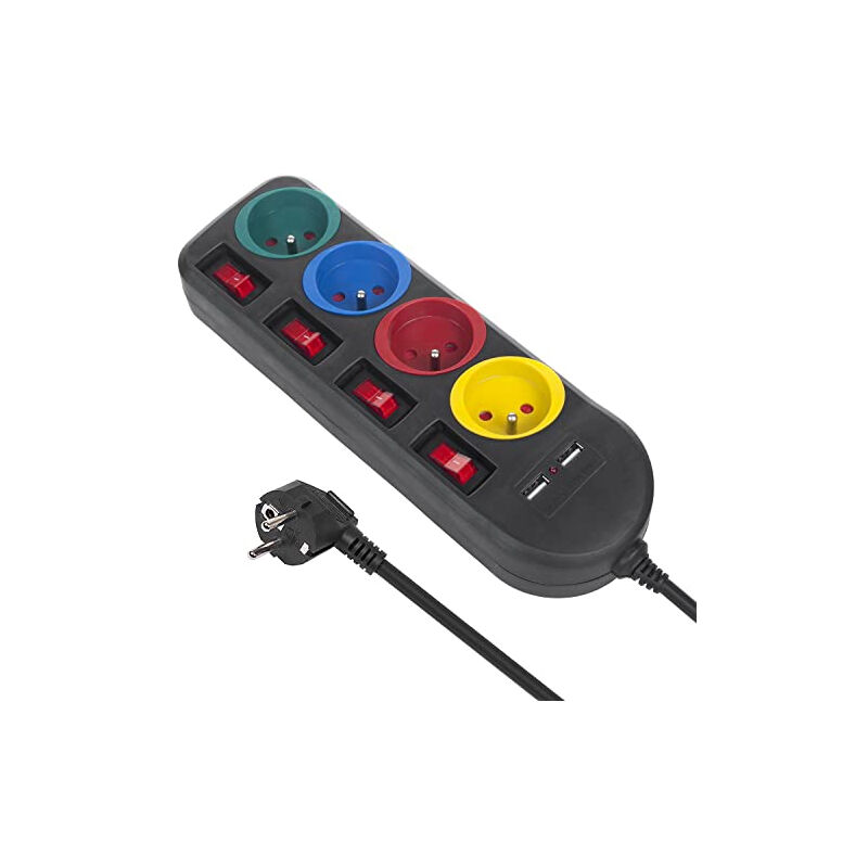 Maclean MCE229 b bloc multiprises rallonge 4 prises + 2XUSB avec interrupteurs 250VAC/10A, 2,1A 5V 5M noir