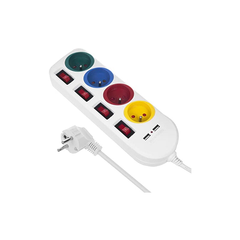 Maclean MCE229 w bloc multiprises rallonge 4 prises + 2X usb avec interrupteurs 250VAC/10A, 2.1A 5V, 1.5M blanc