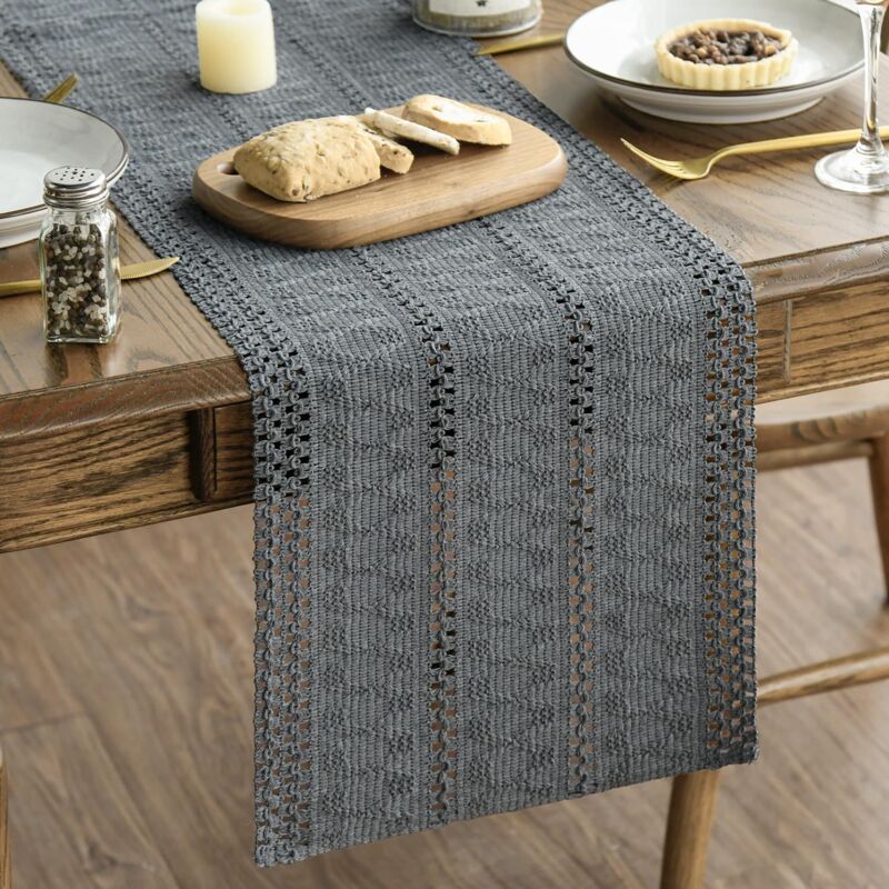 Boho Chemin de Table Gris Macrame 30 x 240 cm Centre de Table Decoration en Coton Lin Tissu Boheme Mariage Ferme Moderne Lavable Nappe Décor pour