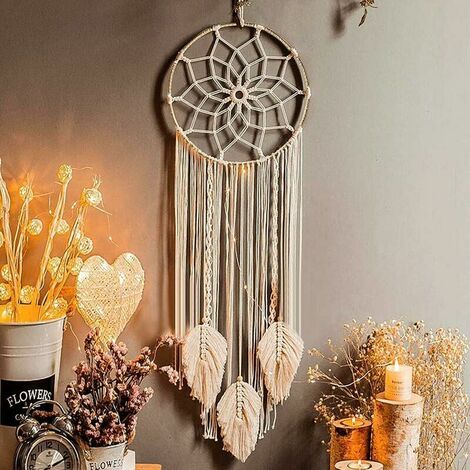 Macrame Dream Catcher Wall Decor Hand Woven Wall Art Bohemian Home Decor Tassel Wall Hangings Metallic Circle Beige,93×25CM
