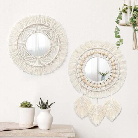 Macramé Miroir Décoratif Murale 2 Pièces avec Feuilles Tissées Style Boho pour Chambre Salon Déco Maison