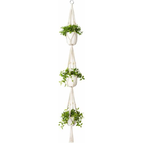 Macramé Plant Hanger 3 Tier Intérieur extérieur Panier à Planter Suspendu Corde de Coton with Beads 177cm - Ivory