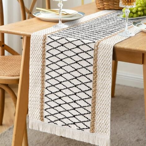 Macrame Table Runner Bohemian Style Pom Poms Hand Woven Cotton Burlap Rustic Style Kitchen Dining Room Table Runner（30X180cm）