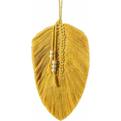 Macramé Tenture murale feuille de plume, Boho Decor coton macramé cordon Wall Art avec des perles en bois (jaune)