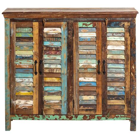 Made In Meubles – Buffet à lattes en bois massif coloré – Dimensions 109x123x39 cm – 4 portes de rangement – Style Ethnik pour décoration moderne