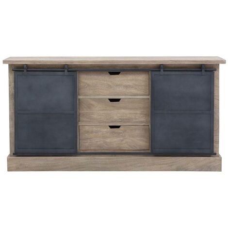 Made In Meubles – Buffet en bois de manguier brossé et métal gris foncé – Dimensions 90x170x45 cm – Meuble de rangement industriel avec portes coulissantes et tiroirs