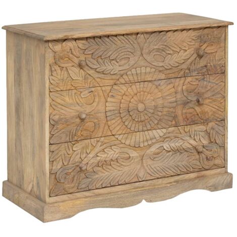 Made In Meubles – Commode sculptée en bois de manguier – 3 tiroirs avec motifs floraux – Dimensions 80.5 x 100 x 45.5 cm – Style contemporain