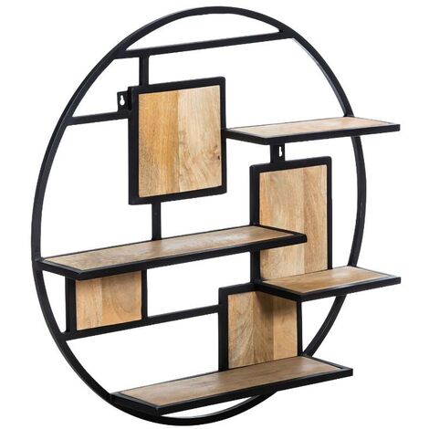 Made In Meubles – Étagère ronde en bois de manguier et métal noir – 80 cm de hauteur et largeur – Design industriel moderne pour bureau ou salon