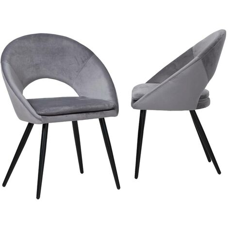 Made In Meubles – Lot de 2 chaises style fauteuil en velours gris souris – Assise rembourrée – Housse amovible avec fermeture éclair – Piètement métal noir