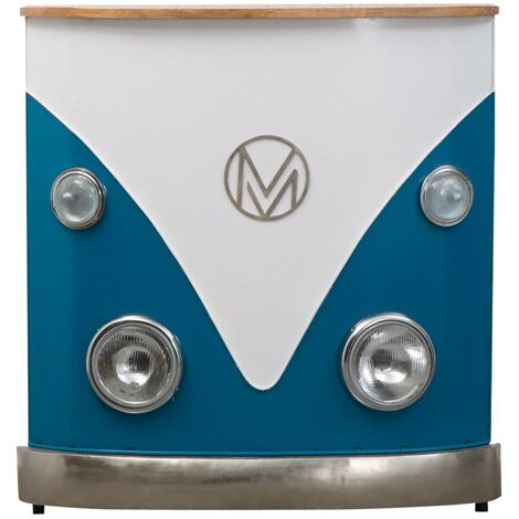 Made In Meubles – Meuble bar vintage bleu – Plateau en bois de manguier – Dimensions 100x108x40 cm – Rangement avec niches et étagère fixe