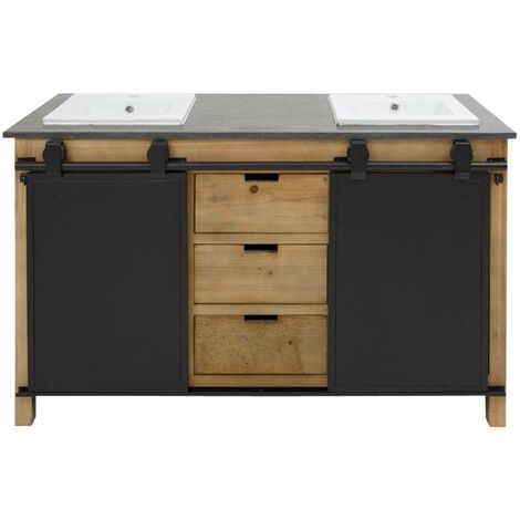 Made In Meubles – Meuble double vasque en pin recyclé et pierre bleue – 2 vasques intégrées – 3 tiroirs – Portes coulissantes en métal noir – Dimensions 86x145x63cm