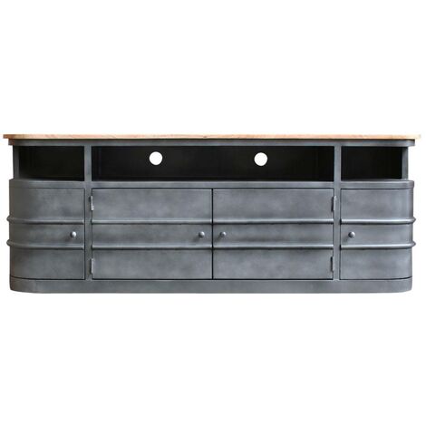 Made In Meubles – Meuble TV arrondi en métal gris – Plateau en bois de manguier naturel – Dimensions 58x160x45.5cm – Style industriel