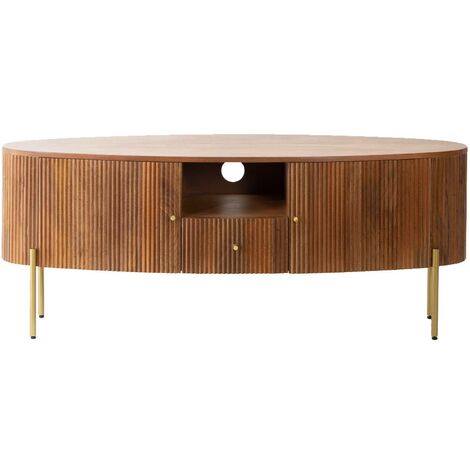 Made In Meubles – Meuble TV en bois de manguier 135x40x54 cm – Pieds en métal doré – Rayures sculptées pour élégance – Pour salon moderne