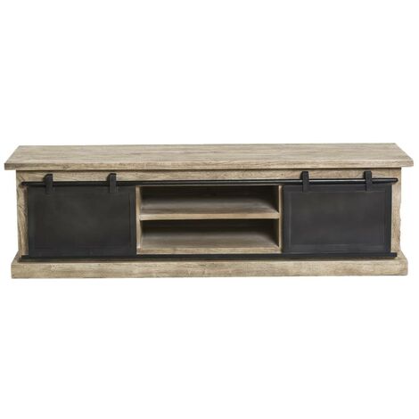 Made In Meubles – Meuble TV industriel en bois de manguier brossé 160 cm – Métal – 6 niches de rangement – Portes coulissantes design – Dimensions H48 x L160 x P45 cm