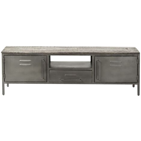 Made In Meubles – Meuble TV industriel en métal gris – Dimensions 47.5x150x40.5 cm – 2 portes casier vintage – Rangement organisé avec tiroir