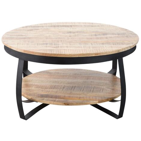 Made In Meubles – Table basse fixe en métal noir et bois de manguier – Plateau 87 cm – Double-plateau pour rangement – Style industriel moderne