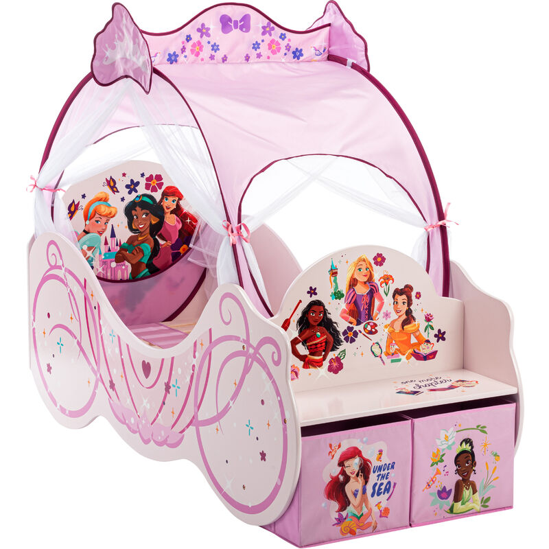 princess carriage toddler bed with seat, storage boxes and full canopy pink dimensions: 169.8cm w x 73cm d - pink - disney