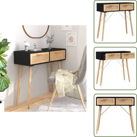 Madera contrachapada - vidaXL Mesa consola madera pino maciza ratán natural negro 80x30x75 cm - Ratán natural