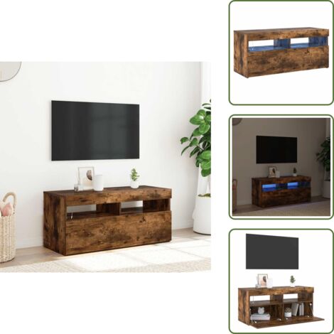 Madera contrachapada - vidaXL Mueble de TV con luces LED roble ahumado 90x35x40 cm - Decoración moderna