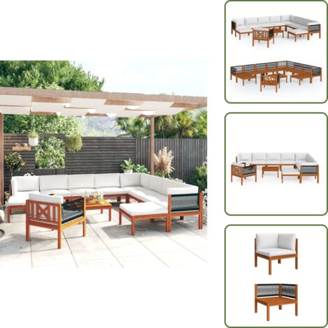 Madera de acacia - vidaXL Conjunto de jardín de 12 piezas con cojines, madera color crema, acacia y cuerda - Muebles de jardín