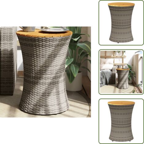 Madera de acacia - vidaXL Mesa de jardín en forma de tambor ratán sintético y madera gris - Mesa de jardín con estructura de acero