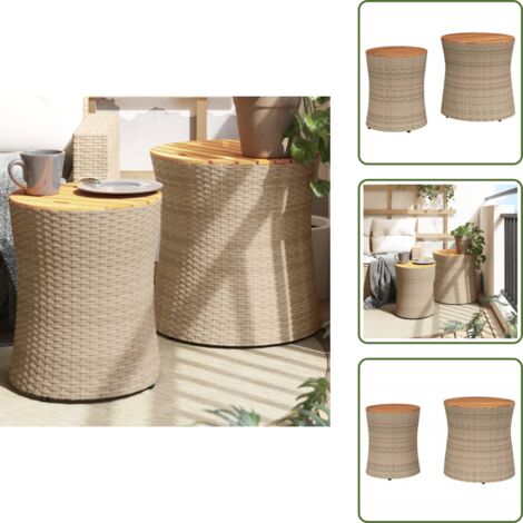 Madera de acacia - vidaXL Mesas auxiliares jardín 2 pzas superficie de madera ratán beige - Mesas de patio