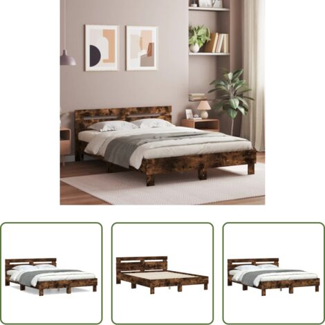 Madera de ingeniería -  Cama con cabecero madera de ingeniería roble ahumado 140x190 cm