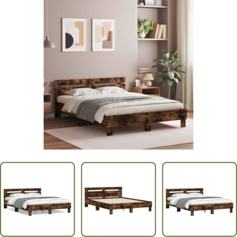 Madera de ingeniería -  Cama con cabecero madera de ingeniería roble ahumado 140x200 cm