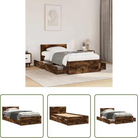 Madera de ingeniería -  Cama con cabecero madera de ingeniería roble ahumado 90x200 cm