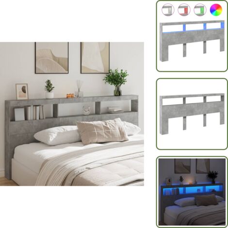 Madera de ingeniería - vidaXL Cabecero de cama con luz LED gris hormigón 220x17x102 cm - Almacenamiento en cabecero