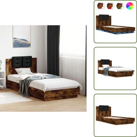 Madera de ingeniería - vidaXL Estructura de cama cabecero luces LED roble ahumado 100x200 cm - Soporte para la espalda