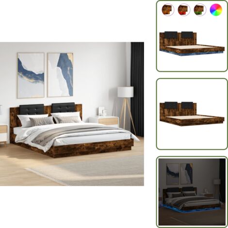 Madera de ingeniería - vidaXL Estructura de cama cabecero luces LED roble ahumado 200x200 cm - Soporte para la espalda