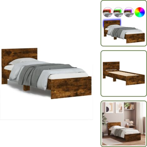Madera de ingeniería - vidaXL Estructura de cama cabecero luces LED roble ahumado 75x190 cm - Soporte de cama