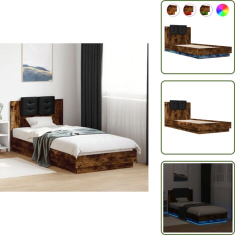 Madera de ingeniería - vidaXL Estructura de cama cabecero luces LED roble ahumado 90x200 cm - Soporte para la espalda