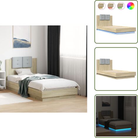 Madera de ingeniería - vidaXL Estructura de cama cabecero luces LED roble Sonoma 90x190 cm - Soporte para espalda