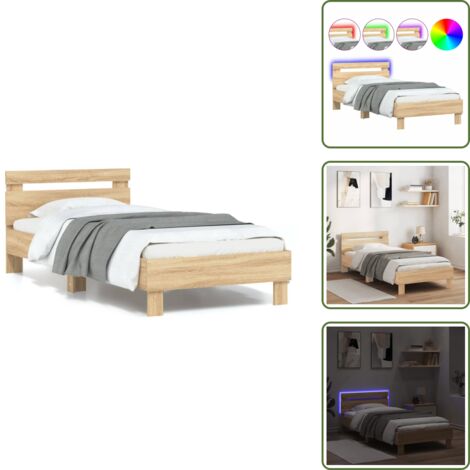 Madera de ingeniería - vidaXL Estructura de cama cabecero luces LED roble Sonoma 90x200 cm - Soporte de cama