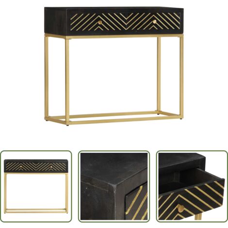 Madera de mango -  Mesa consola madera maciza de mango negro y dorado 90x30x75cm