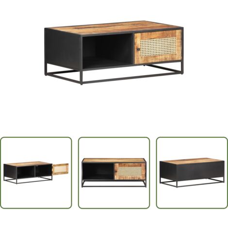 Madera de mango -  Mesa de centro madera de mango rugosa y caña natural 90x50x35cm