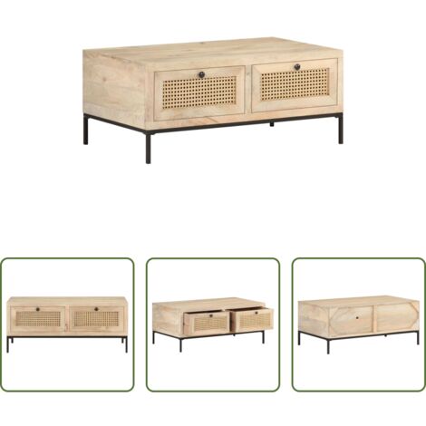 Madera de mango -  Mesa de centro madera maciza mango y caña natural 90x50x37 cm