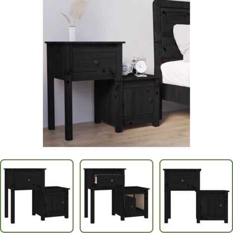 Madera de pino -  Mesita de noche madera maciza de pino negro 79,5x38x65,5 cm