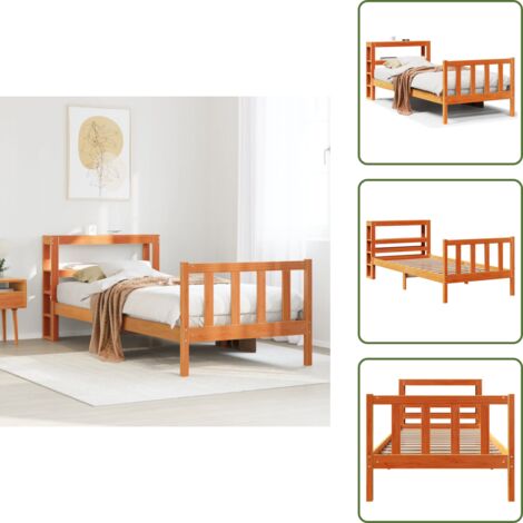 Madera de pino - vidaXL Estructura cama con cabecero madera pino marrón cera 100x200 cm - Estantes de almacenamiento
